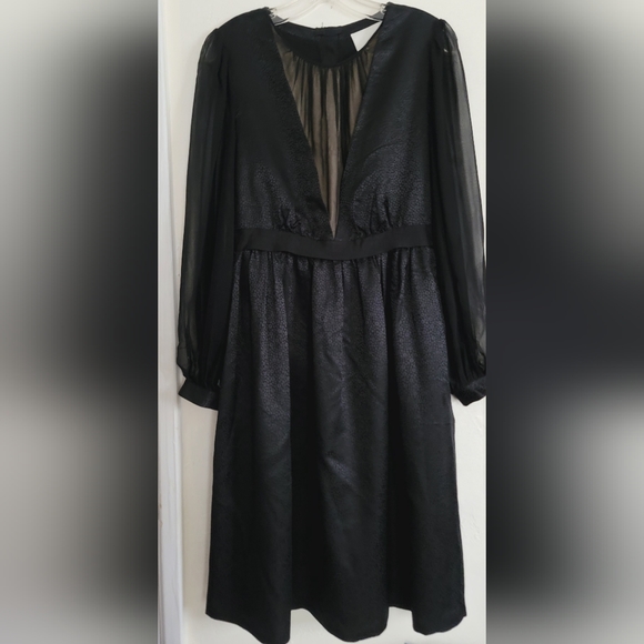 3.1 Phillip Lim Black Midi Party Dress Size 8 Wool Silk Long Sheer Sleeve